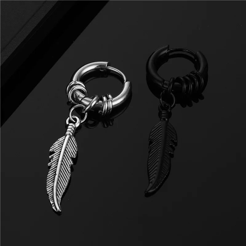1pcs Korean Fashion Cross Feather Stud Earrings Punk Rock Style For Women Men High Quality Stainless Steel Hiphop Ear Jewelry