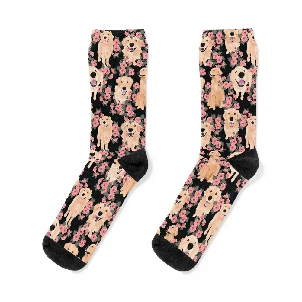 

Golden Retrievers and flowers on Black Socks hiking snow Wholesale winter gifts Woman Socks Men's