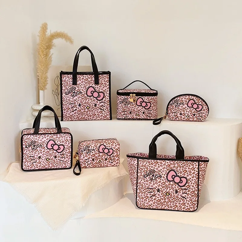 Japanese Style Cartoon Sanrio Leather Leopard Print Makeup Bag Kawaii HelloKitty Lunch Box Bag Multi Functional Storage Bag