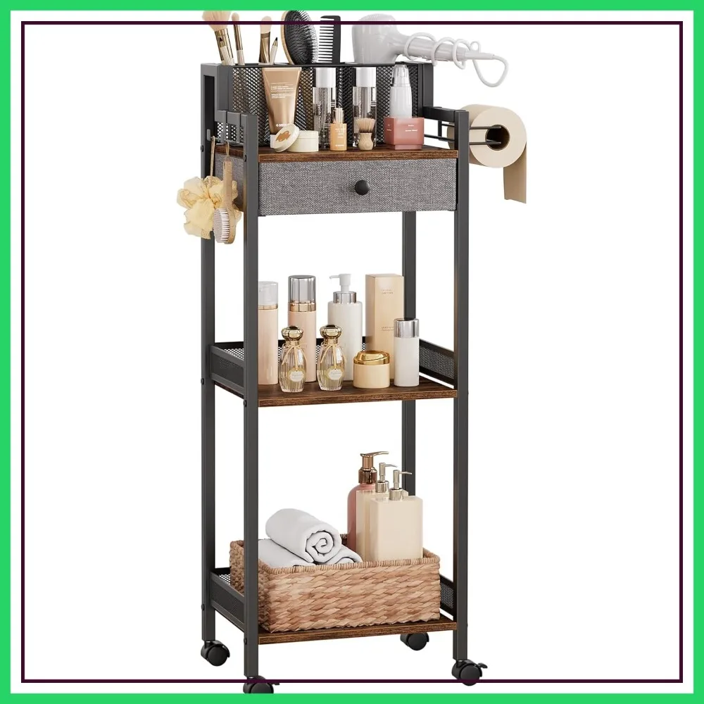 

3-Tier Rolling Bathroom Shelf with Drawer & Toilet Paper Holder, 12.8in Wide Metal Storage for Cosmetics, Hair Tools