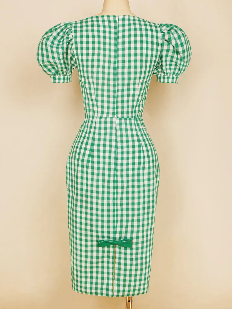 French Vintage Green Checkered Back Split Bow Dress With Bubble Sleeves Vintage Hepburn Slim Fit Waist Wrap Hip Commuter Dress