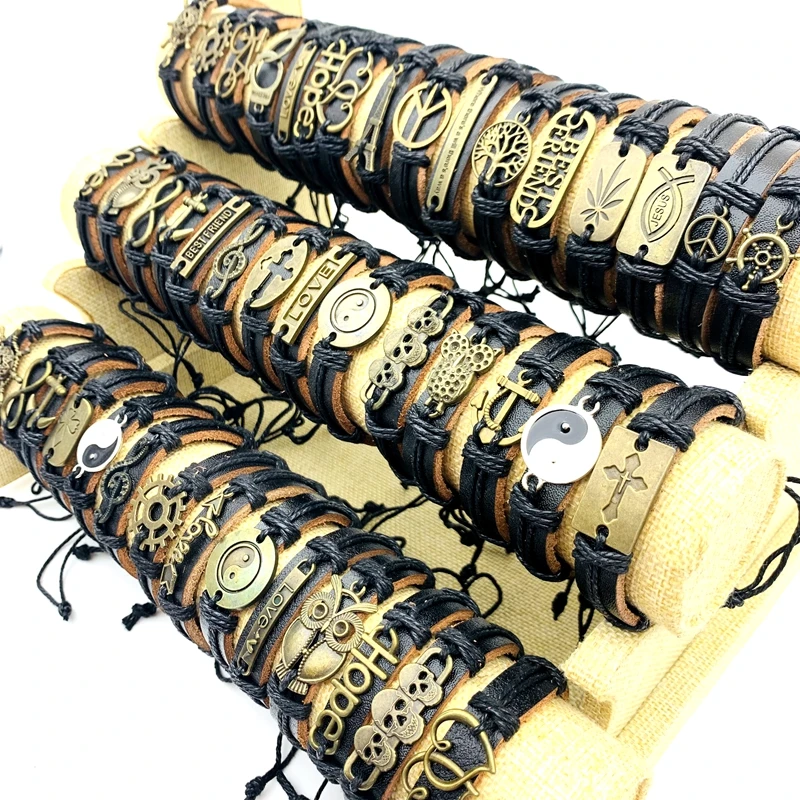 10pcs Leather Cuff Bracelets For Men and Women Handmade Copper Alloy Fashion Jewelry Rope Tie Size Adjustable