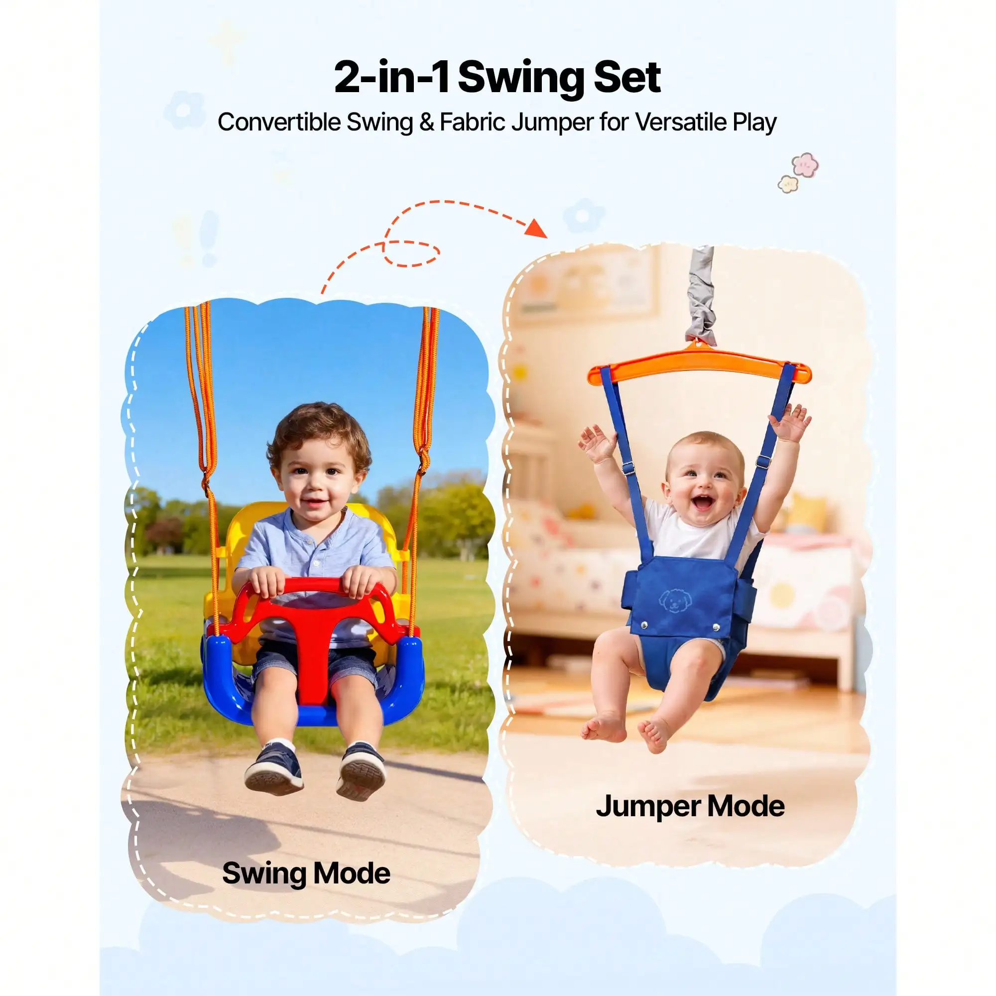 2‑In‑1 Toddler Swing and Jumper Set, Kids Bouncer Swing with Thick Plastic Seat, Foldable A‑Frame Metal Stand Reinforced by 4 Sandbags, Easy to Assemble & Store, Safe Indoor & Outdoor Play Equipment for Little Children Backyard Home Use