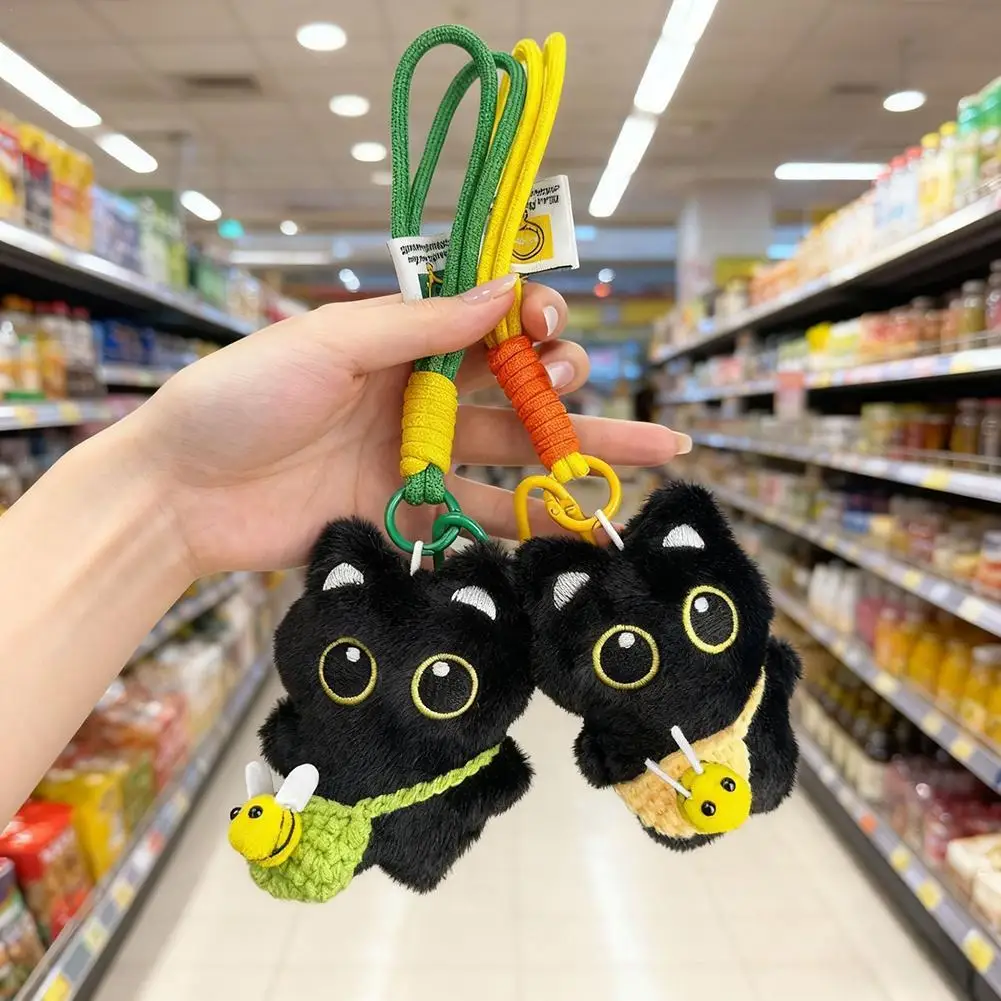 

Black Cat Plush Toy With Bee-shaped Shoulder Bag Fluffy Black Cat Pendant Gifts For Boys And Girls