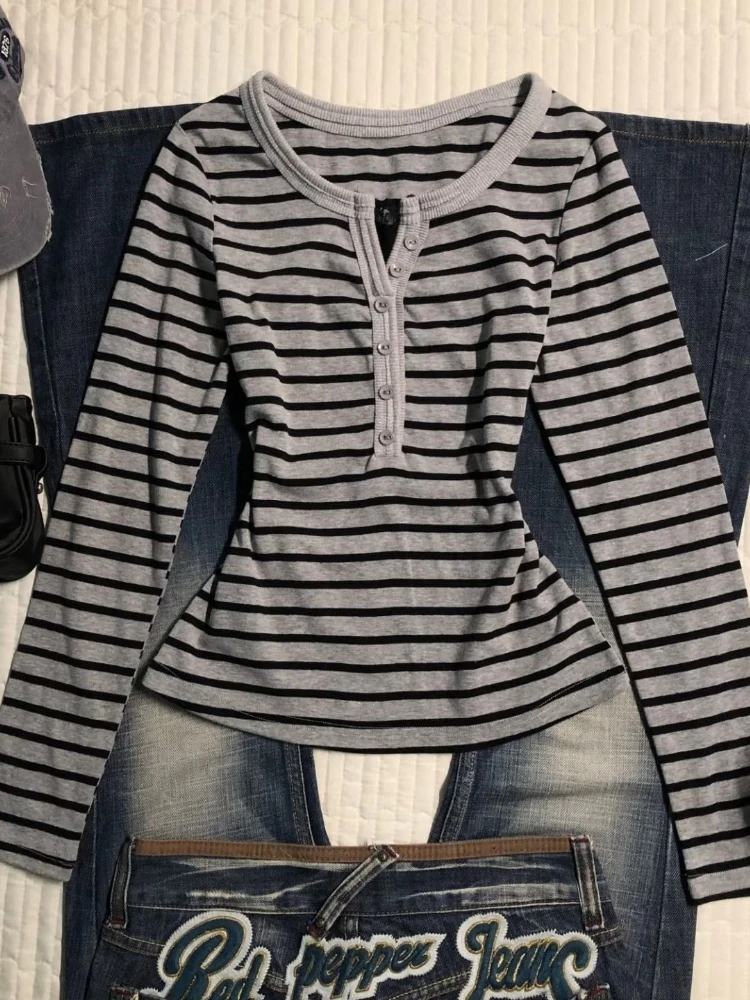 HOUZHOU 빈티지 스트라이프 티셔츠 고딕 하라주쿠 일본 스타일 긴팔 티셔츠 그런지 패션 슬림업 티셔츠 스트리트웨어