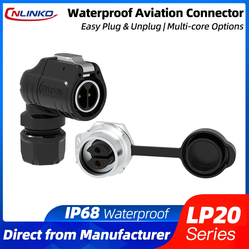 CNLINKO LP20 Waterproof Right Angle Connector Gold-Plated Male/Female Solder Type Panel Mount for Marine Outdoor & Industrial