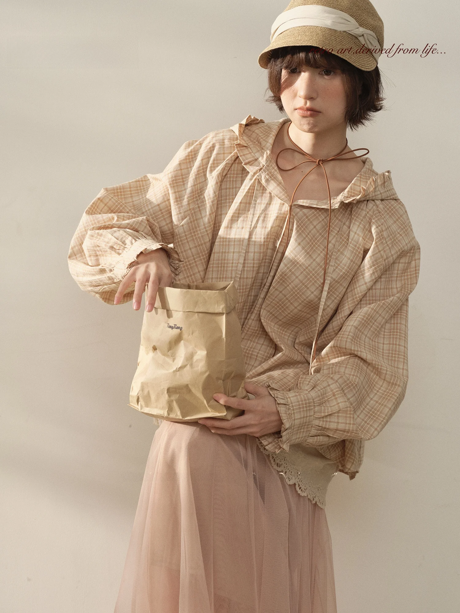 

TONGTIONG Japanese Sle Retro Plaid Belted Hooded Long Sve Women's irt Loose Fit Slimming Sun Protection Cotton irt