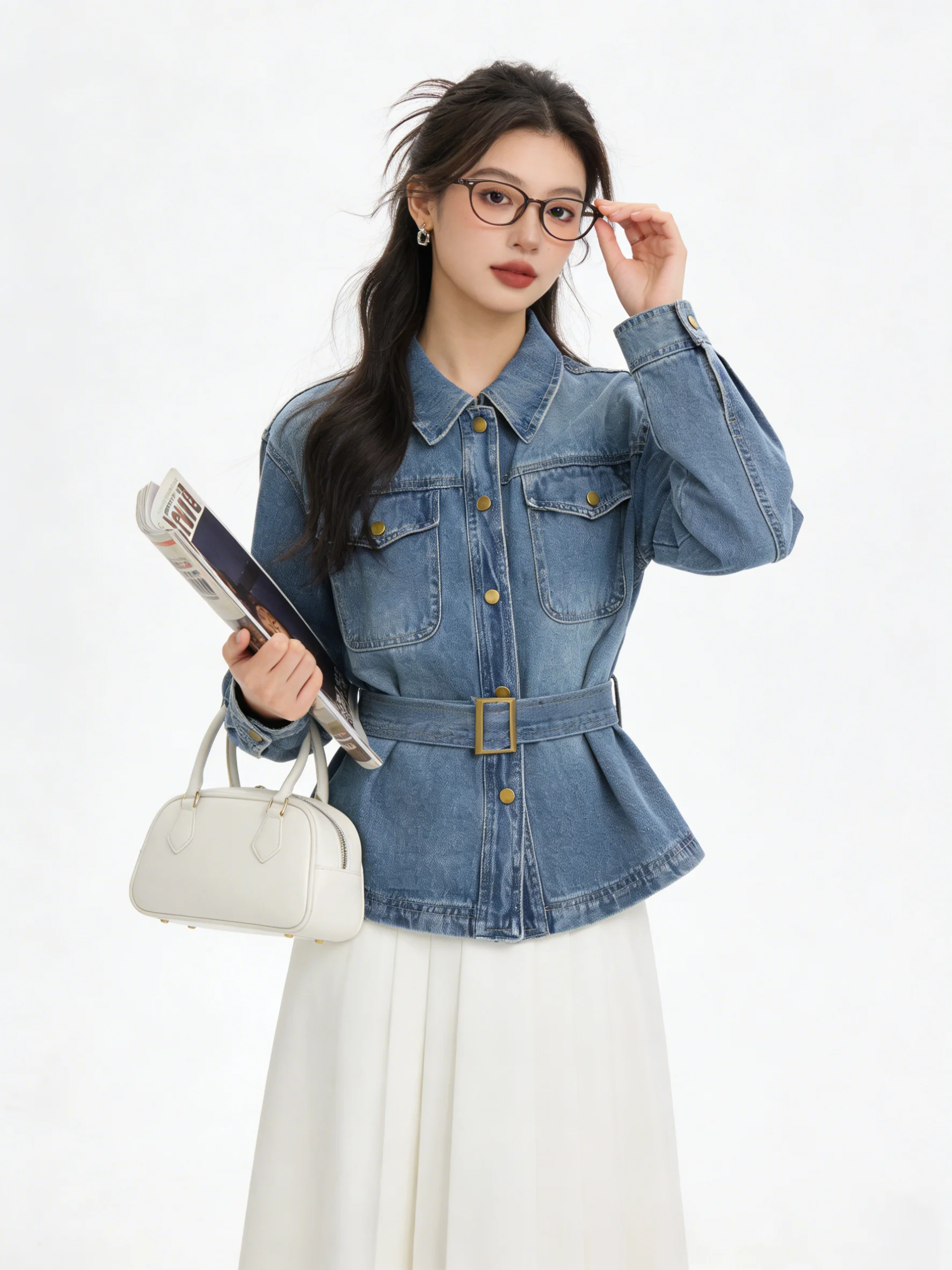 

Ретро-куртка в гонконгском стиле, корейская версия, джинсовая куртка с эффектом утяжки талии и поясом, весенняя повседневная женская куртка для города