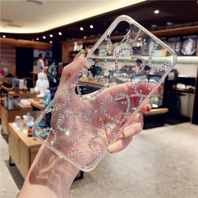 Epoxy Handa Glitter Love Heart Rhinestone Phone Case For iPhone12 13 14 15pro 13promax X XS XR Max 7 8 Plus