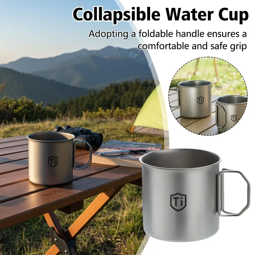 Caneca de Camping em Liga de Titânio com Alça Dobrável, Leve e Portátil, Copo para Atividades ao Ar Livre, Seguro para Fogo Aberto