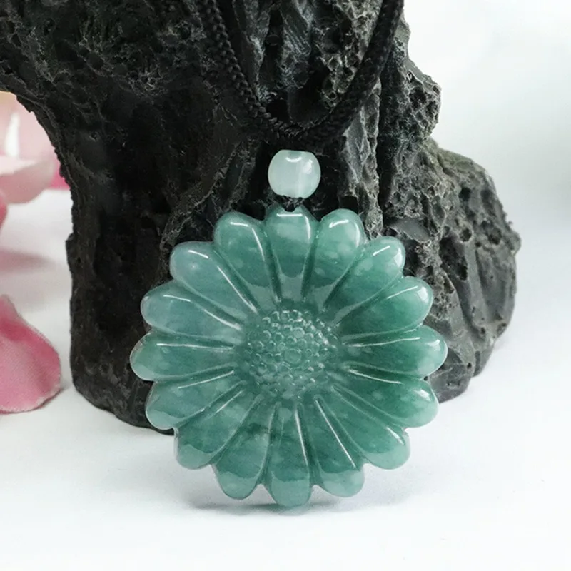 Natural Burmese Blue Jadeite Sunflower Jade Pendant Necklace Fashion Fine Jewelry Designer Charm Amulet Gifts for Women Luxury
