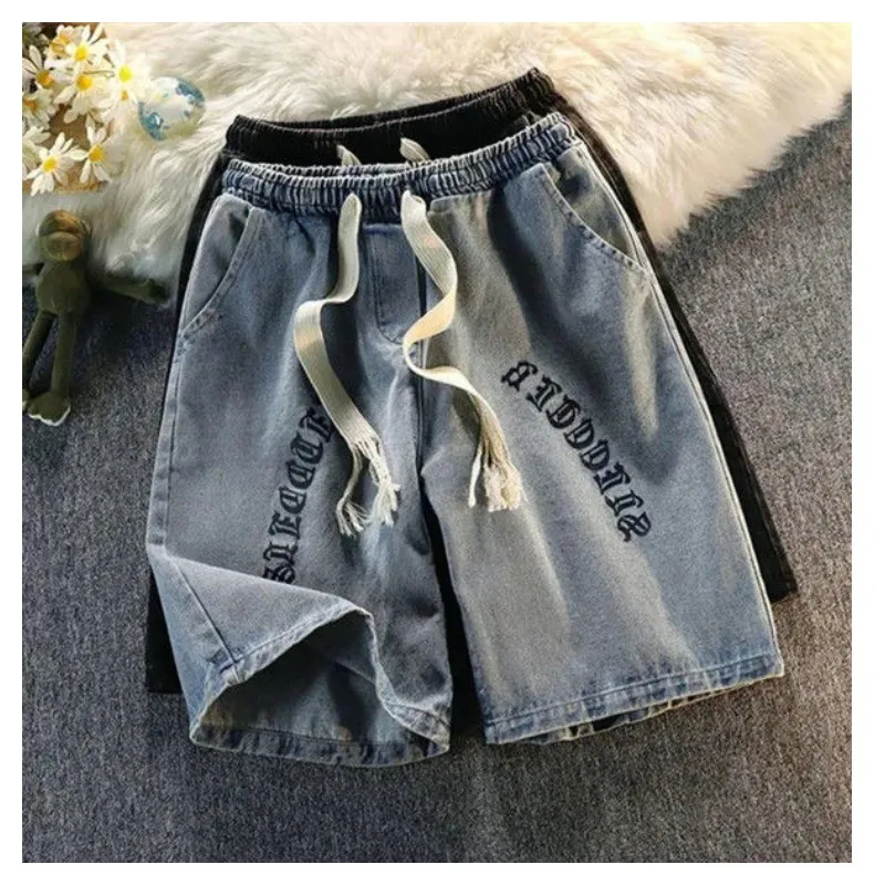 American Retro Sanskrit Printed Denim Shorts Men's Summer Fashion Brand New Loose Versatile Casual Mid pants Men's