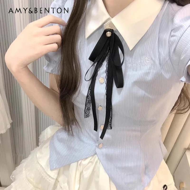 

Japanese Summer JK Uniform Original Cute Sweet Cute Waist Tight Blue Short Sleeved Shirt Preppy Style Pettiskirt Suit For Girls