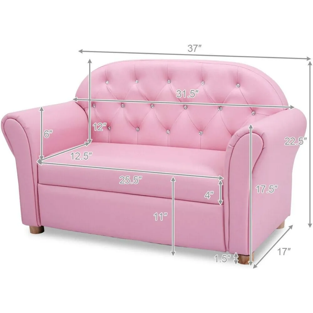 Kids Couch, 2 in 1 Princess Double Seat Children's Sofa W/PU Leather Surface, Toddler Armrest Chair for Bedroom, Mini Sofas