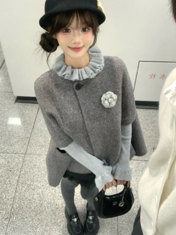 

Winter French Vintage Elegant Capes Coat Woman Princess Long Sleeve Design Blouse+Retro Cloak Female Chic Korean Popular Clothes