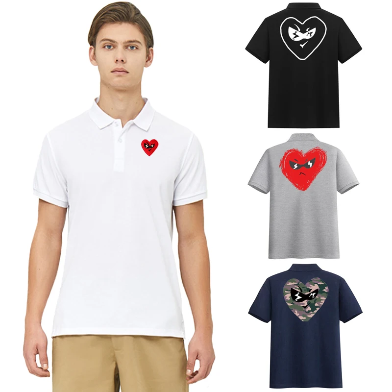 Break Egg Men POLO Shirt Red Cool Glasses Heart Embroidery Colorful Heart Print Cotton Short Sleeve Straight Summer POLO Shirt