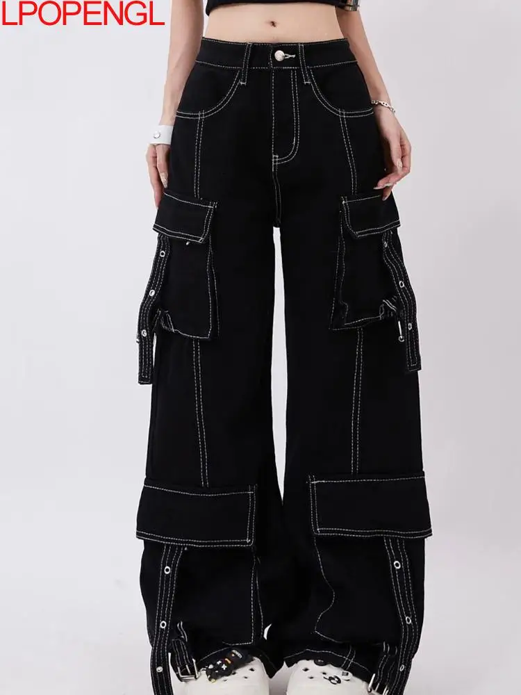 

2026 New Woman American Retro Multi Pocket Workwear Versatile Straight Loose Wide Leg Pants Streetwear High Waisted Button Jeans