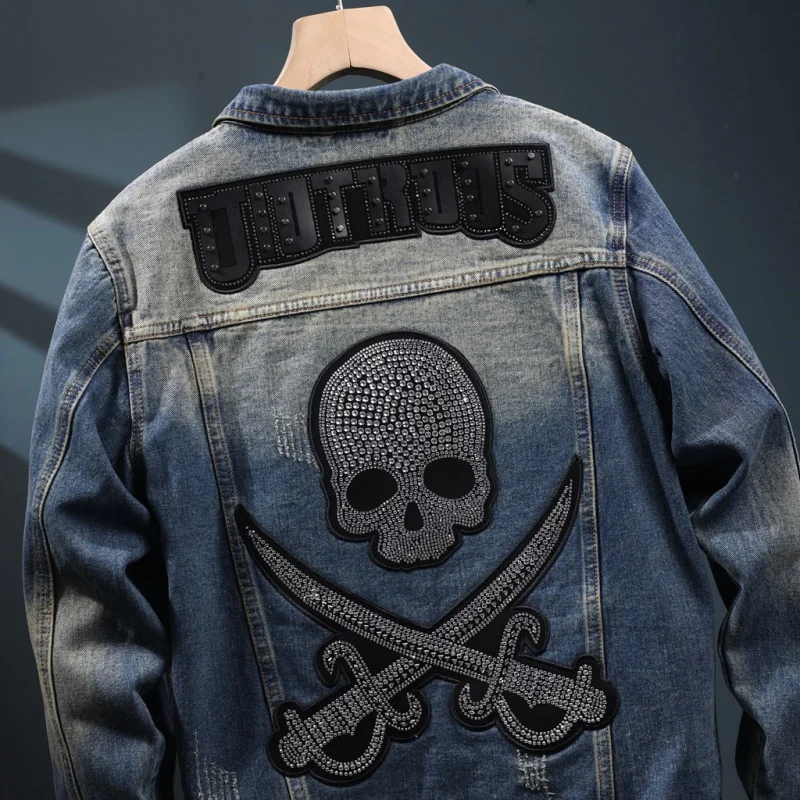 

Embroidery American Street Vintage Denim Jacket Men 2024 New Loose and Handsome Washed Fashion Rhinestone Printed Jacket