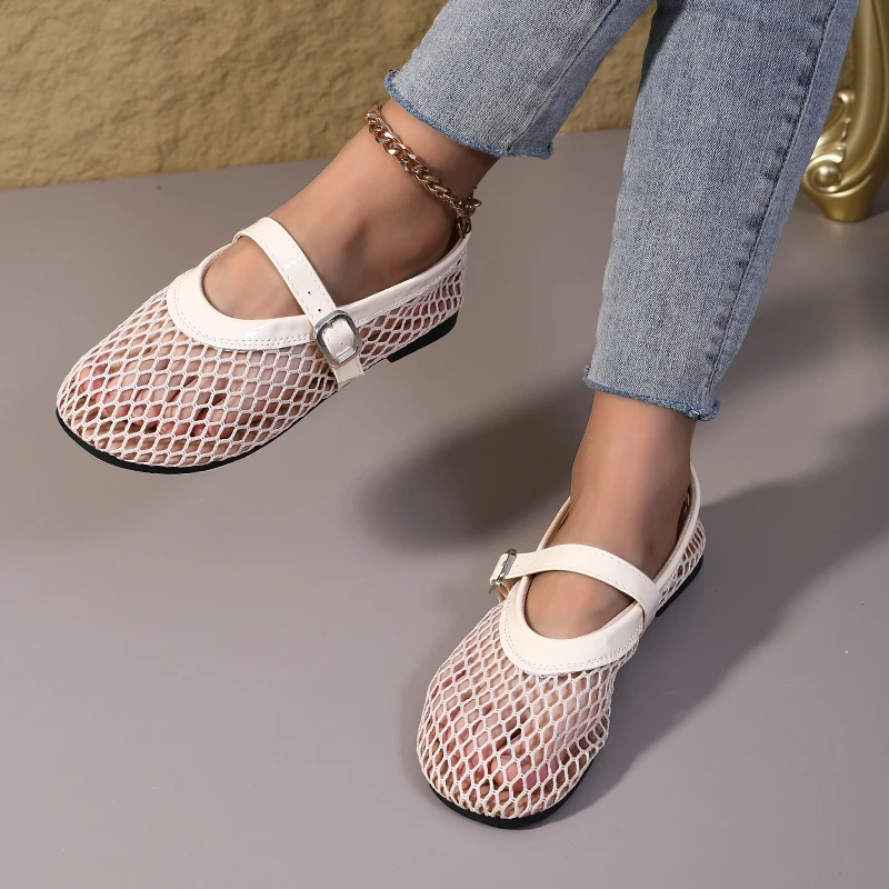 ​2025 New Women's Black Mesh Evening Flats - Silver Buckle Mary Jane Shoes with Fishnet Detailing & Gift Box image 5