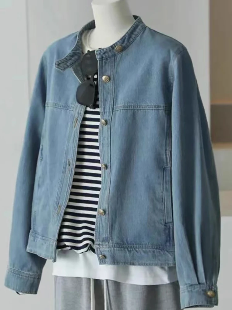 

Blue ort Denim Jaet Women's Spring Autumn Loose Versatile Hong Kong Sle Vintage Brand Button Korean Version Coat
