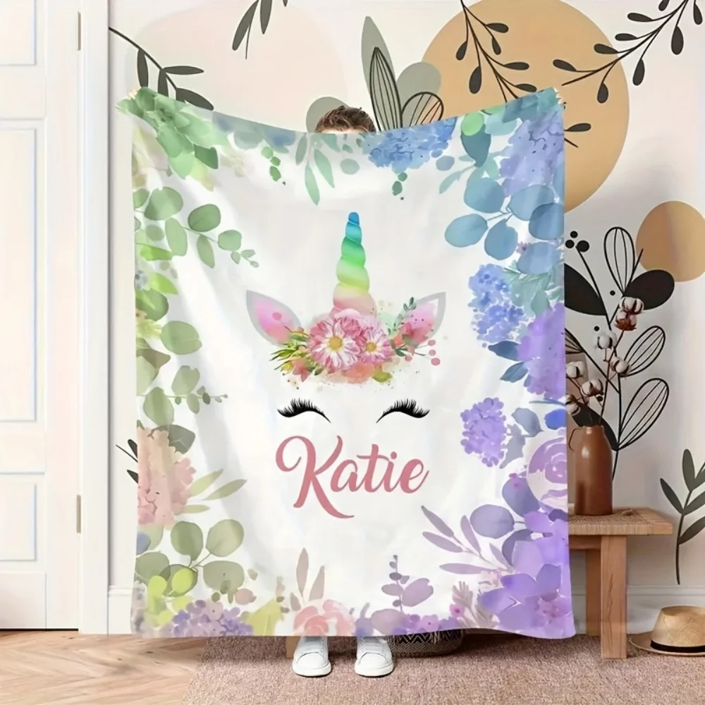 1Pc Custom Name/Text Cute Cartoon Unicorn Design Flannels Blanket, Soft and Comfortable,Suitable for Office, Home,Unique Present