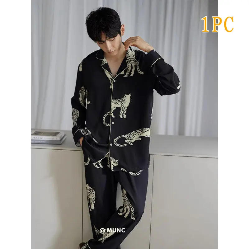 Spring Summer Couple Pajamas Set Female Male Casual Comfortable Animal Print Home Clothing Single-Breasted Long Sleeves Pants