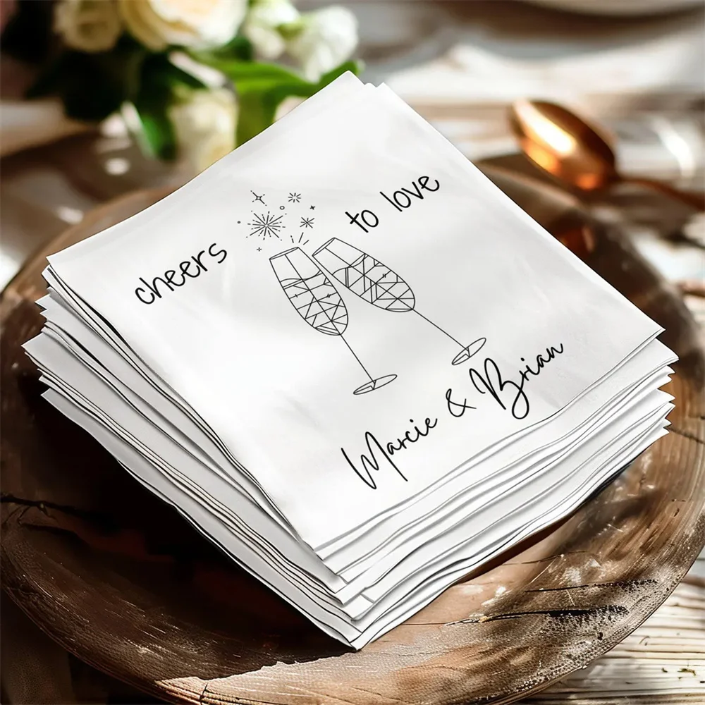 

50PCS Personalized Cheers to Love Hand Drawn Glasses Wedding Napkins, Custom Wedding Cocktail Napkins, Engagement Party, Vow Ren