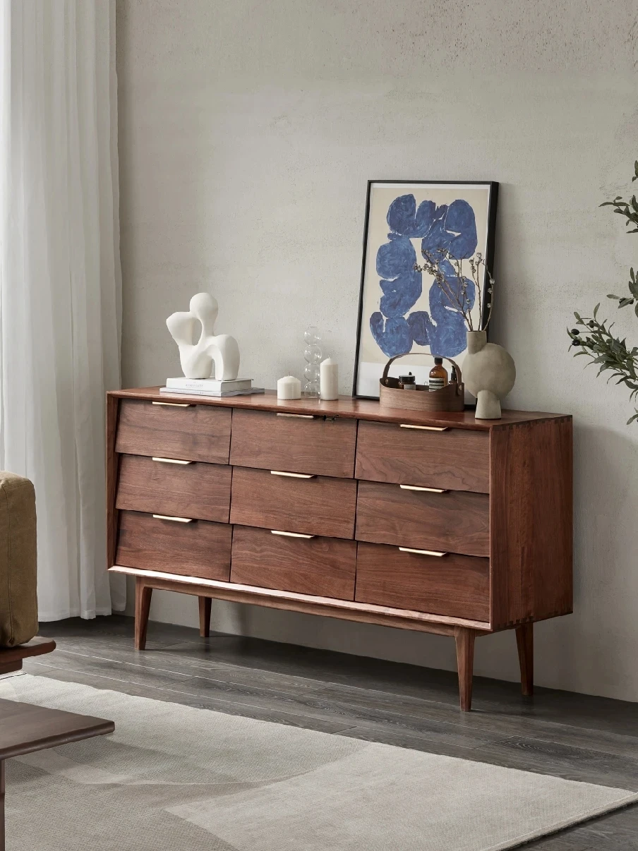 

Nordic solid wood nine chest cabinet black walnut medieval bedroom modern simple storage chest of drawers