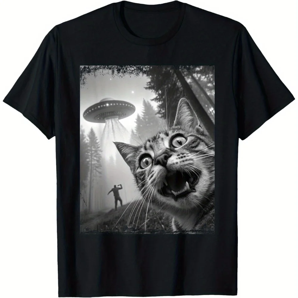 Funny Cat UFO Selfie T-Shirt Saucer Graphic Tee with Curious Cat Taking Picture Unisex Casual Crew Neck Short Sleeve Shirt