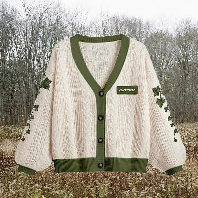 

Evermore Cardigan for Women Green Vine Embroidered Knit Button Down Sweater Tay Cardigan TS Fans-made Fall Winter Vintage Outfit