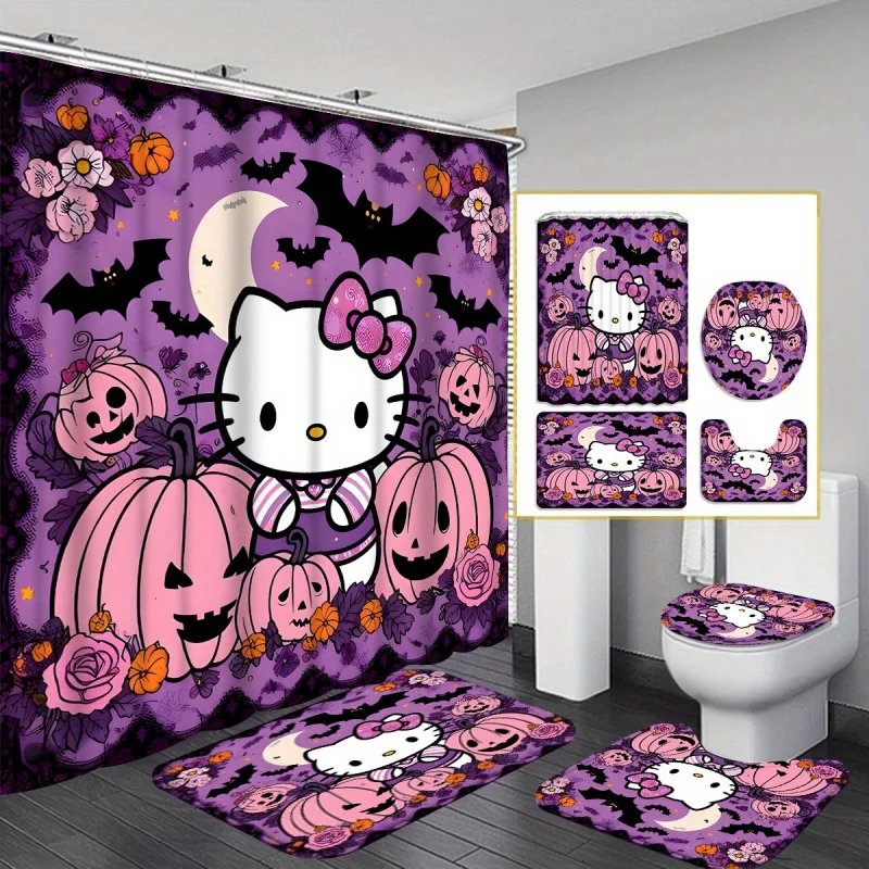 Open -1pc/4pcs Sanrio Hello Kitty, pumpkin, decor, Happy Halloween! trick or treat, shower curtain or toilet mat bathr