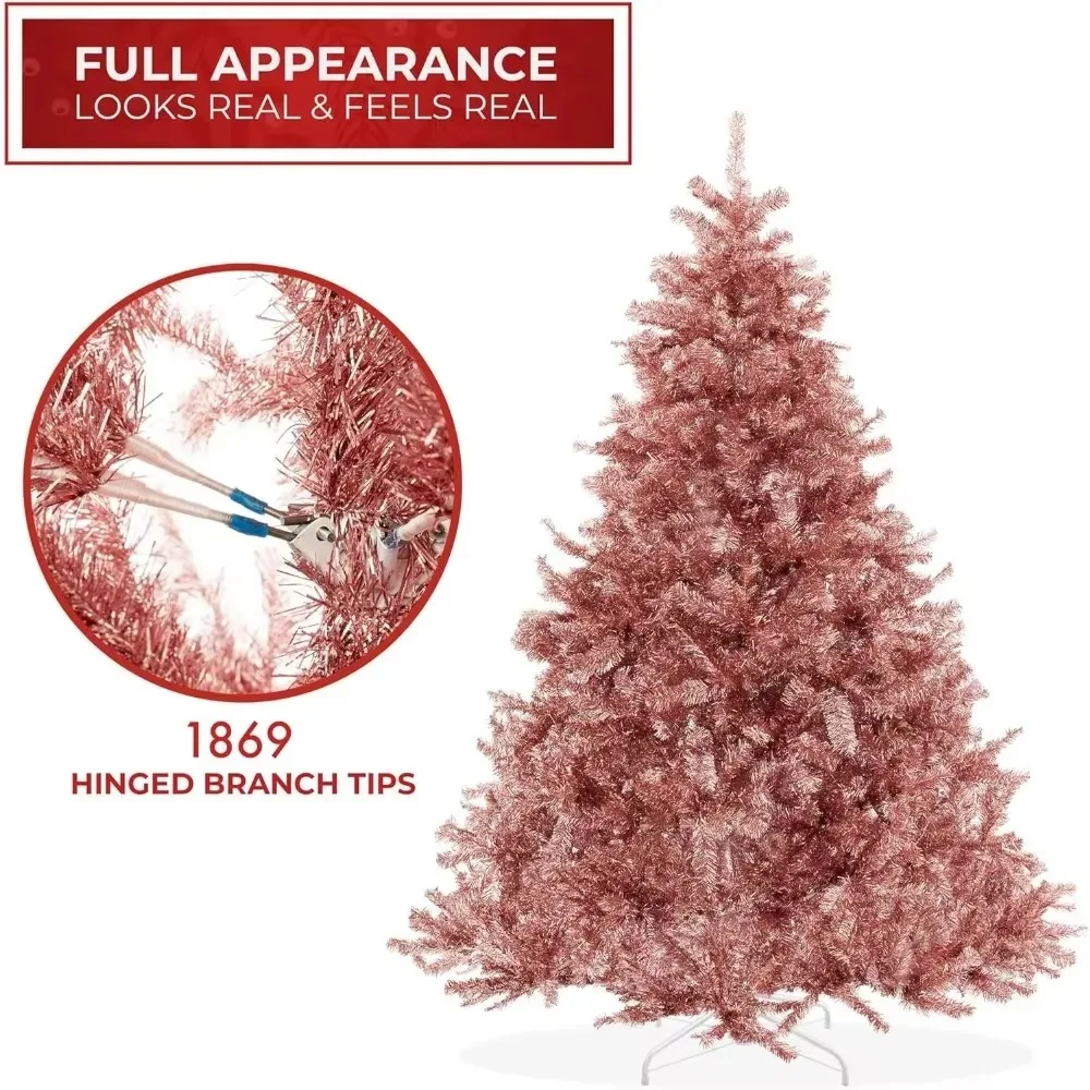 Christmas Tree 7.5FT Rose Gold Tinsel Artificial Holiday Christmass with Sturdy Metal Stand Polyvinyl Chloride Christmas Tree