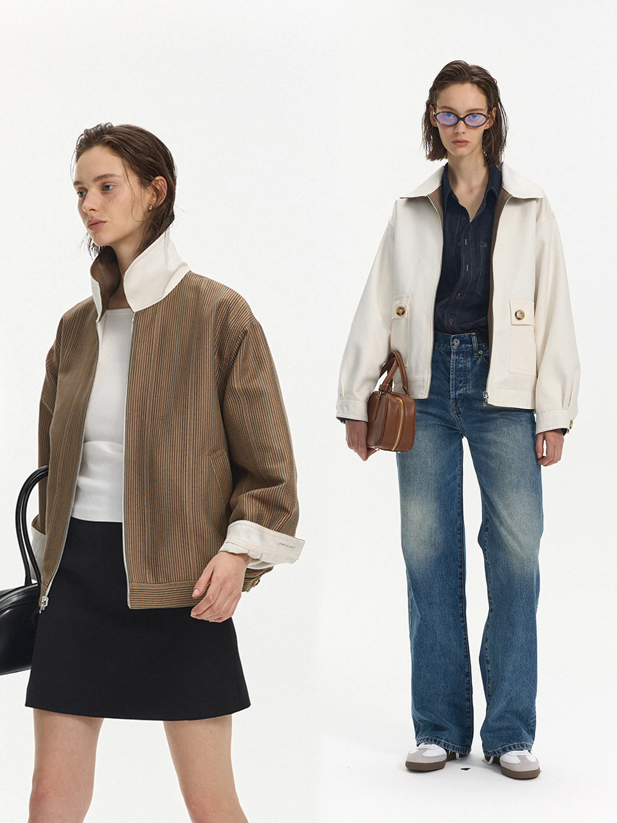 

Two-Way Wear Workwear Jaet ort Sve Contrast Color Cotton 65% Lyocell 35% Fabric Ladies Faion Autumn Collection