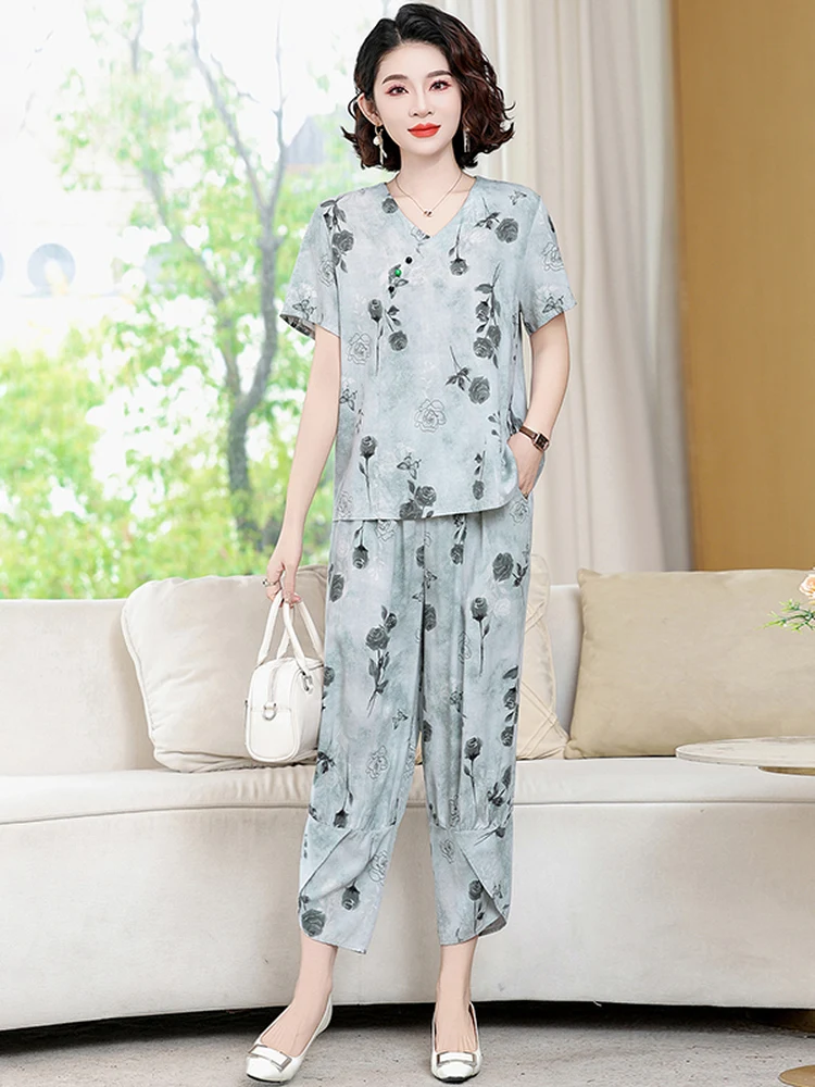 

2026 New Floral Print Short Sleeve Artificial Cotton Two-Piece Set Women Summer Loose Fit Mom Clothes Cotton Silk Suit