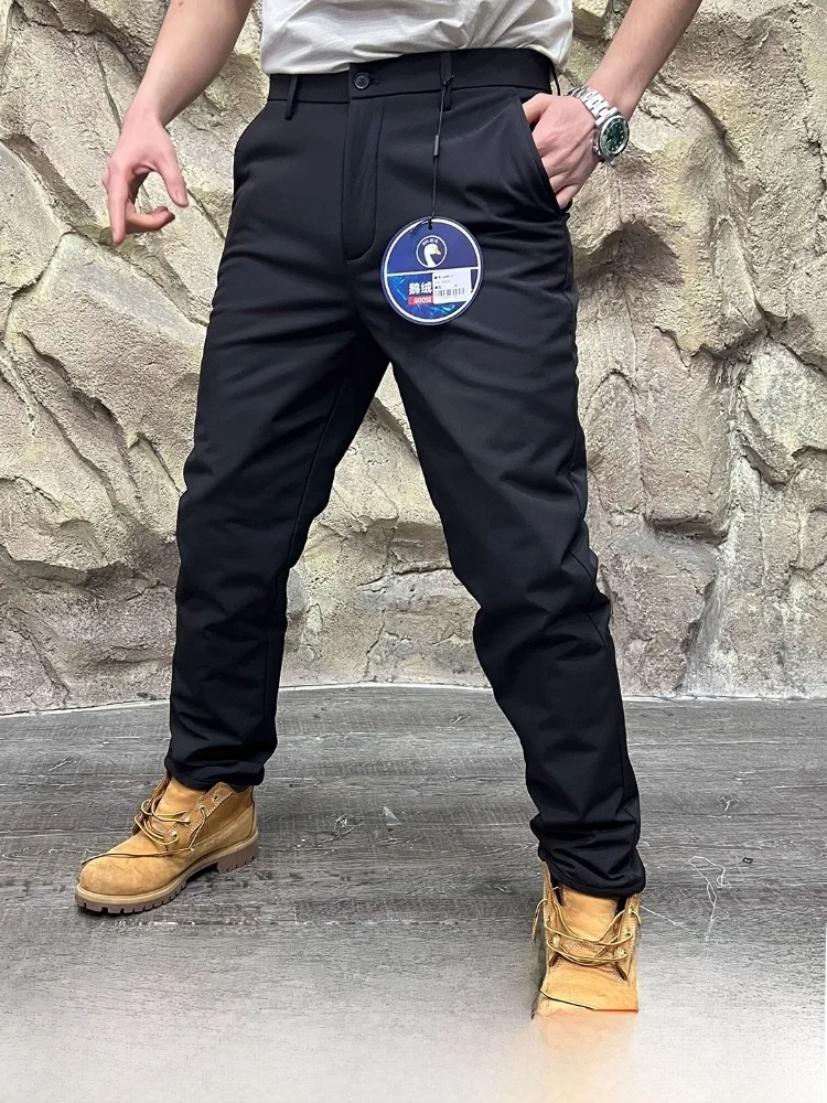 

Мужские утепленные брюки на гусином пуху, прямые брюки, облегающие длинные брюки, модные повседневные молодежные деловые повседневные однотонные брюки