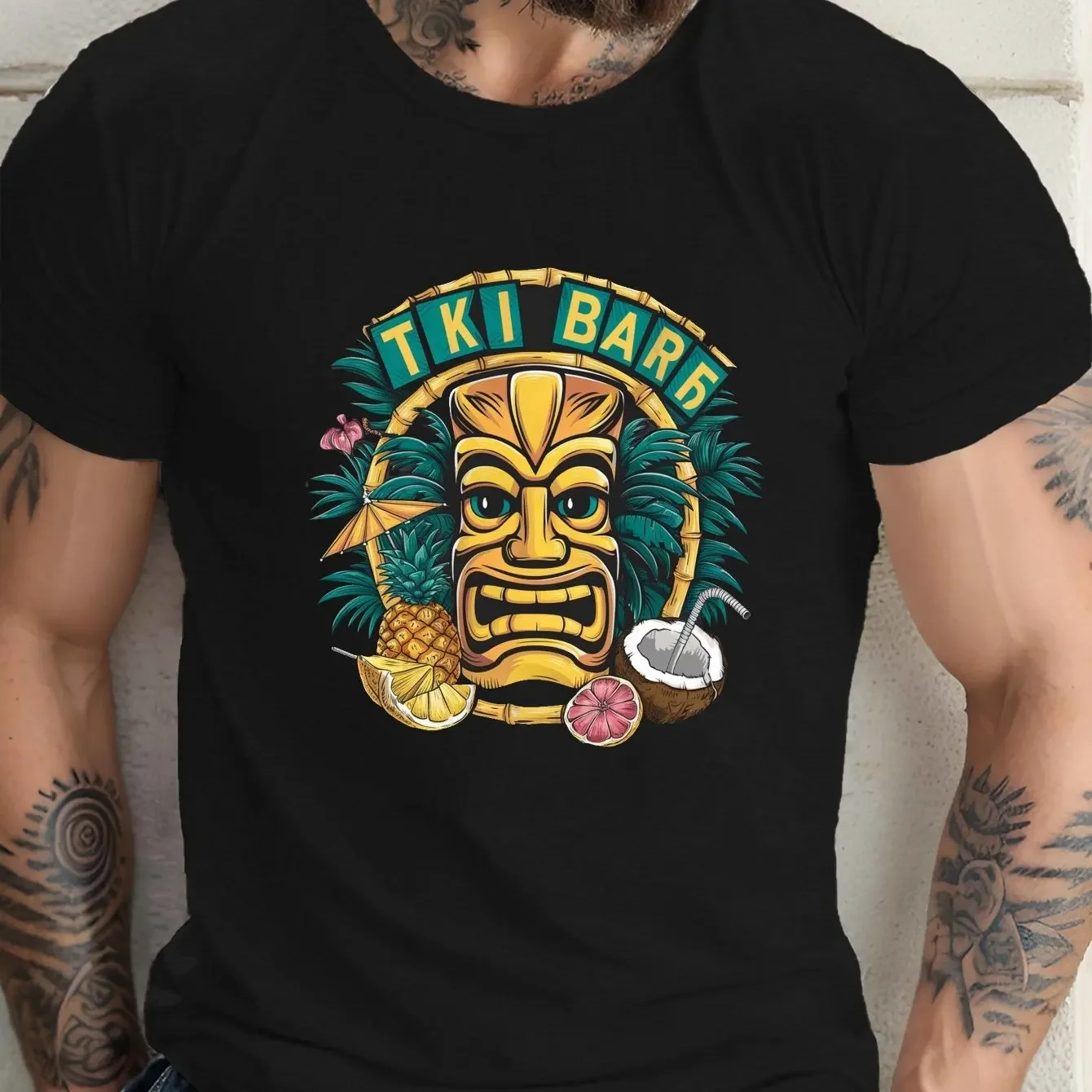 Men Tiki Bar Bamboo Circle Frame Tiki Mask Pineapple Coconut Tropical Leaves Hawaii Beach Oversized T-Shirt