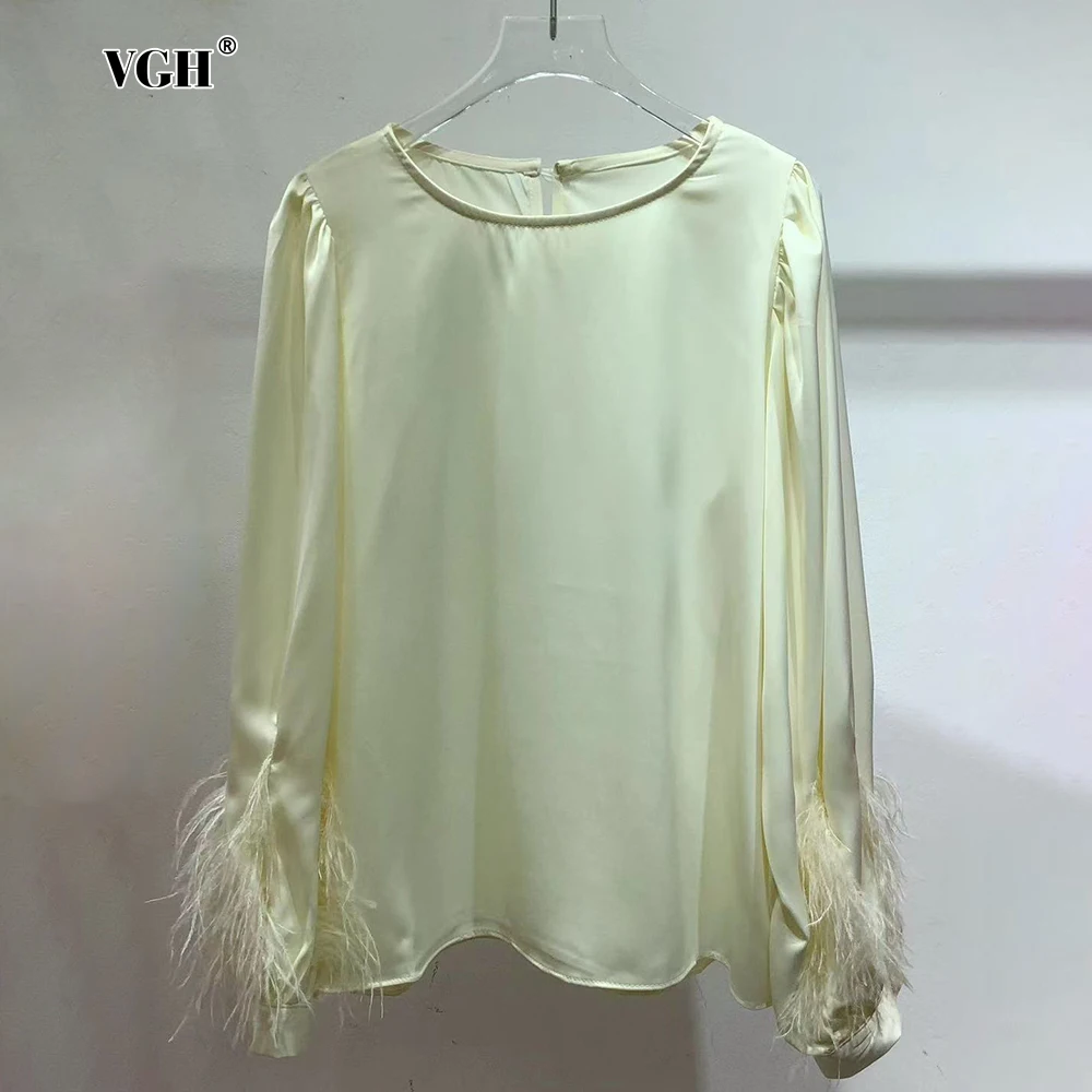 VGH Solid Patchwork Feather Blouses for Women O Neck Solid Long Sleeves Temperament Elegant Style Shirts Female Autumn Clothing