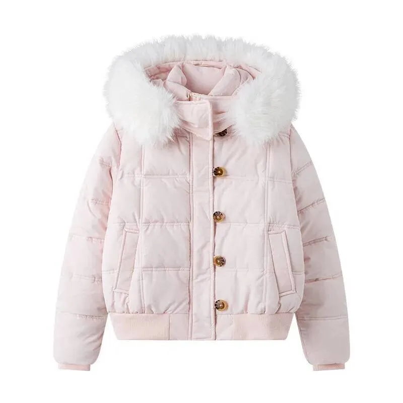 سترة نسائية جديدة من القطن بأكمام قصيرة لخريف/شتاء مع حواف من الفرو وغطاء للرأس وعزل سميك لمقاسات صغيرة