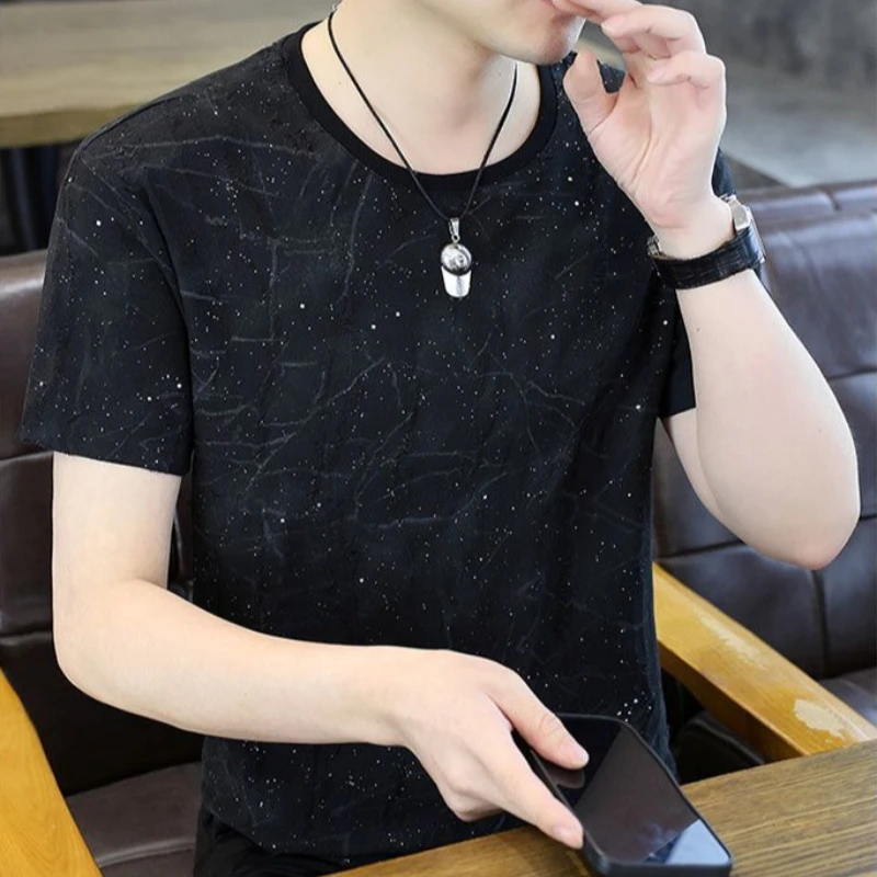 Trendy Korean Style Distressed Sequin T Shirt 2026 Summer New Short Sleeve Round Neck Men's Teen Boys Student Casual Tops