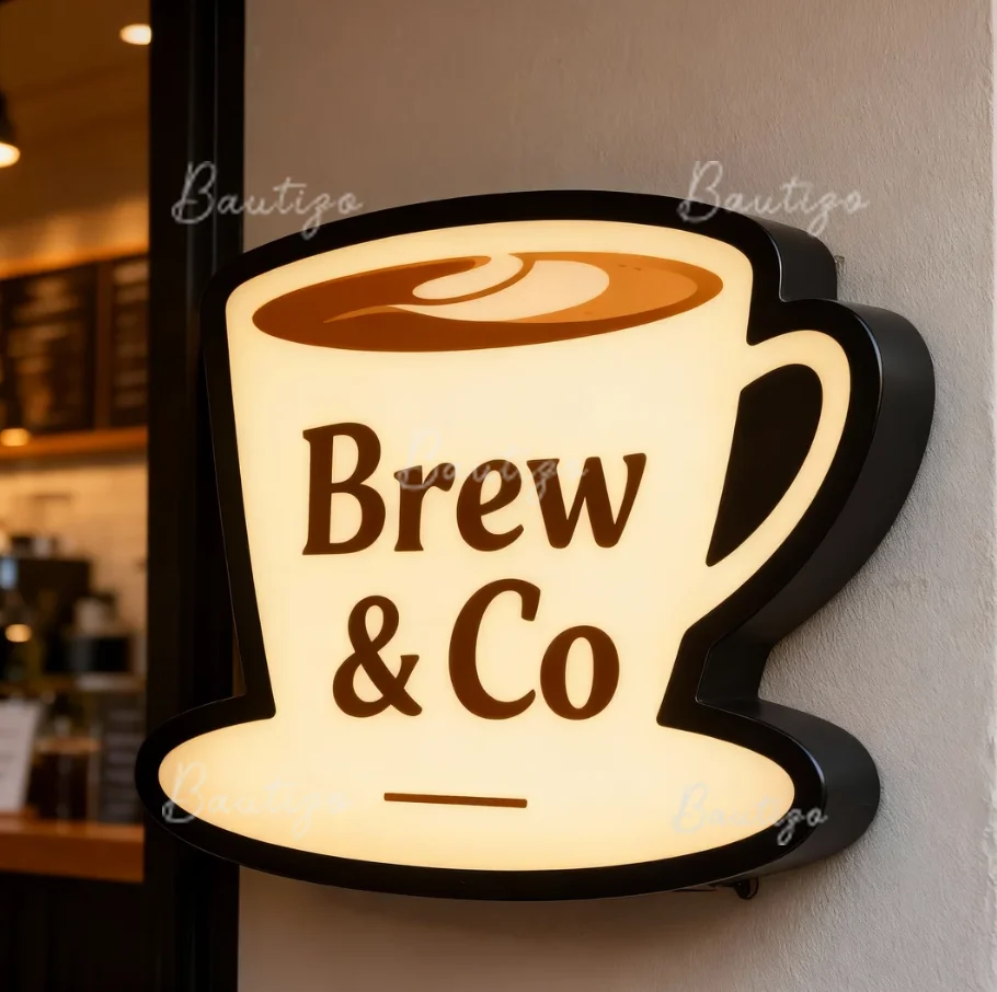 

Custom Business Logo Metal 3D Sign LED Backlit Lightbox Outdoor Coffee Signboard Side Advertising Wall Signage Door Entrance