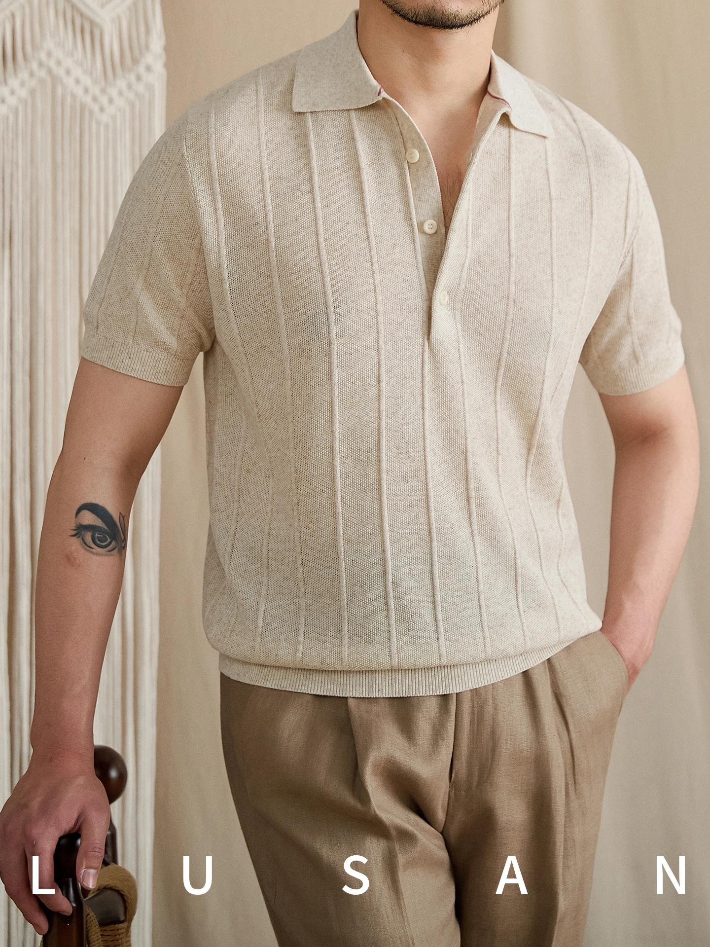 High-End Summer Lapel Linen Shirt Versatile Sunken Stripe Woven Shirt Short Sleeve Shirt