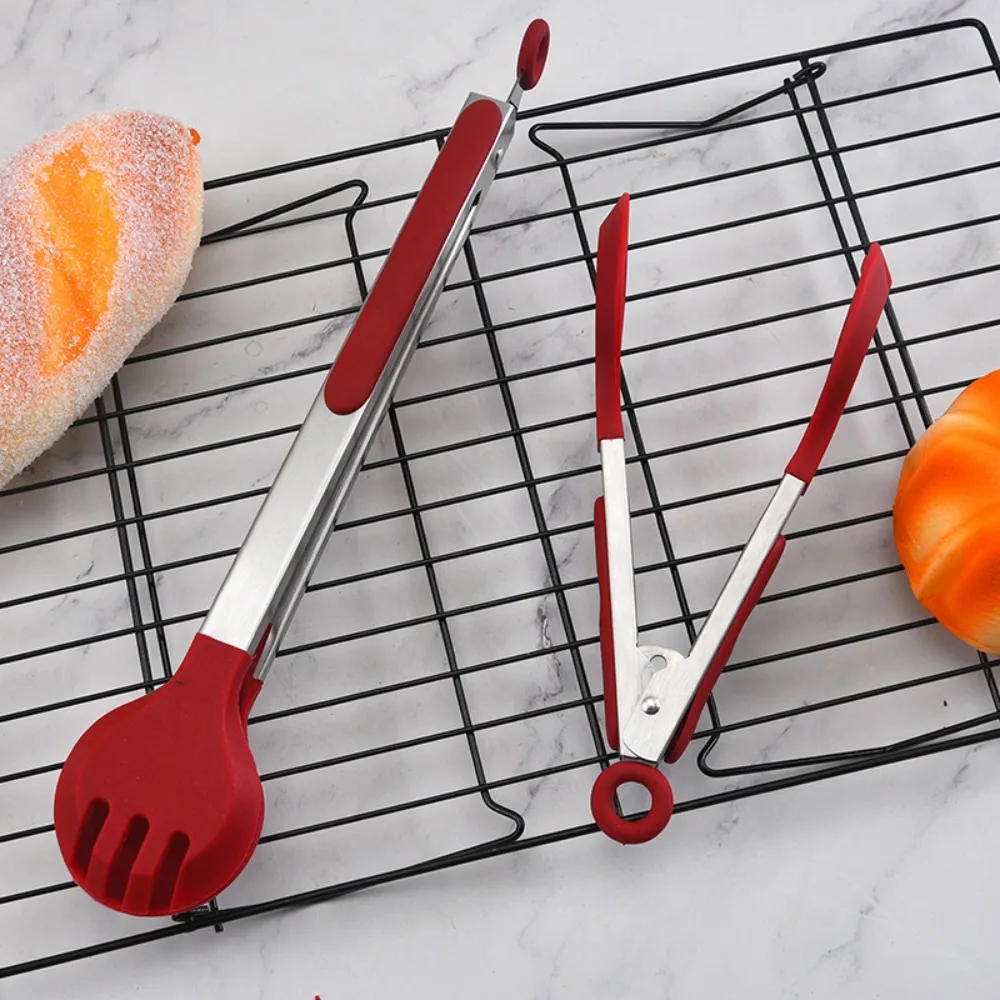 Soft Round Head Kitchen Tongs Stainless Steel Handle Heat-resistant Food Clip Silicone Baking Accessories for Cooking Grilling