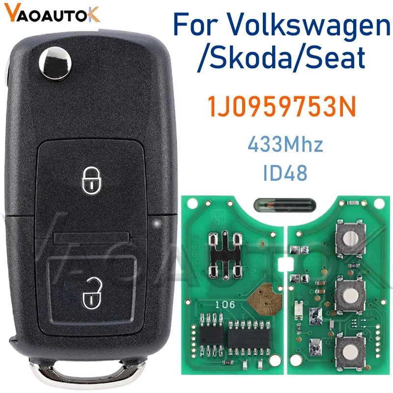 

Умный дистанционный ключ от машины для VOLKSWAGEN VW Beetle Bora Golf SEAT Toledo SKODA Octavia 1J 0959753 N 433 МГц ID48 Лезвие HU66 2 кнопки