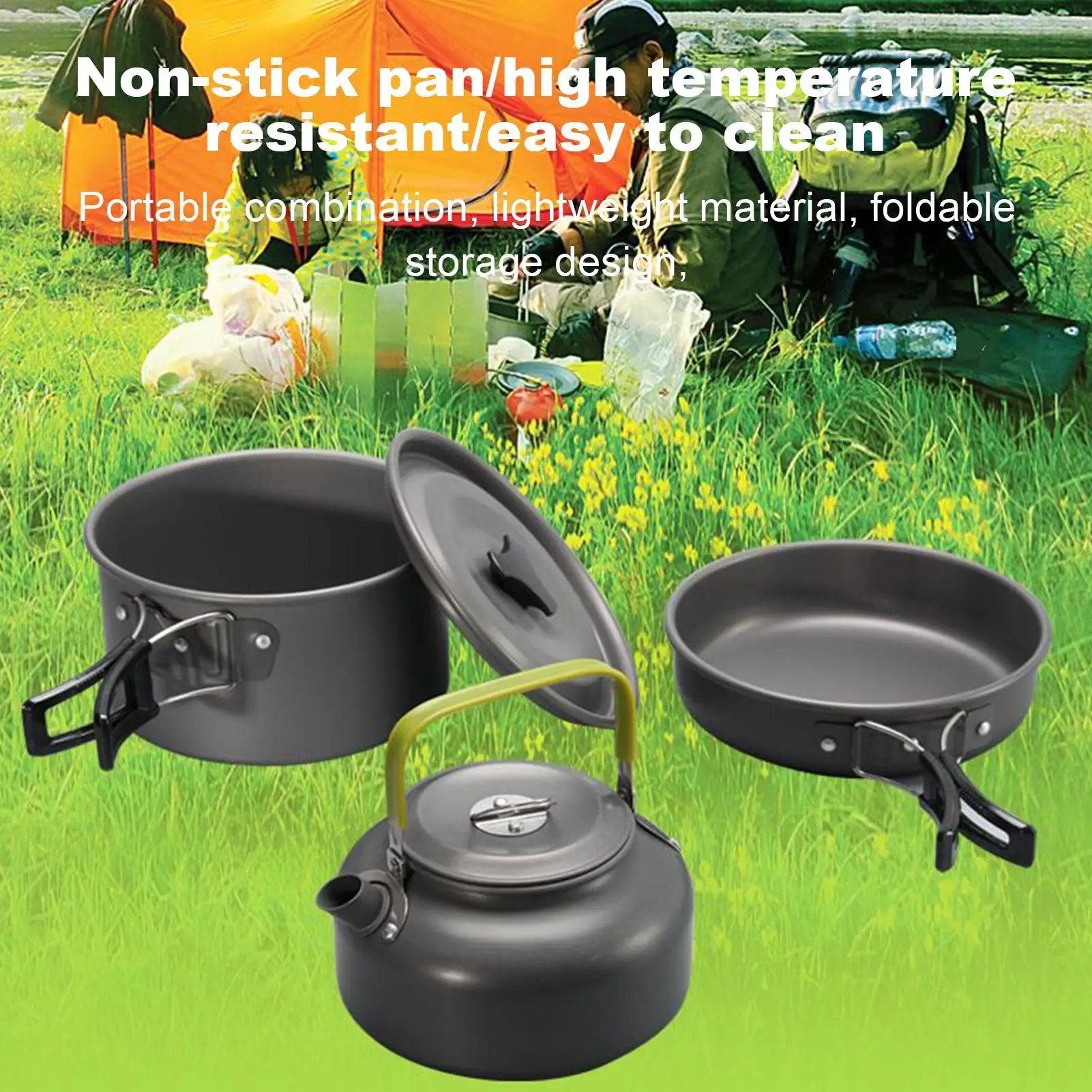 

3 шт./компл. набор для приготовления пищи на природе, набор чайников для кемпинга, кастрюли и кипячения, легкое снаряжение для выживания, горшок, сковорода, чайник для путешествий, пикника