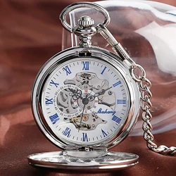 Reloj de bolsillo mecánico automático de plata lisa, colgante circular calado, cadena gruesa, pretina, regalos