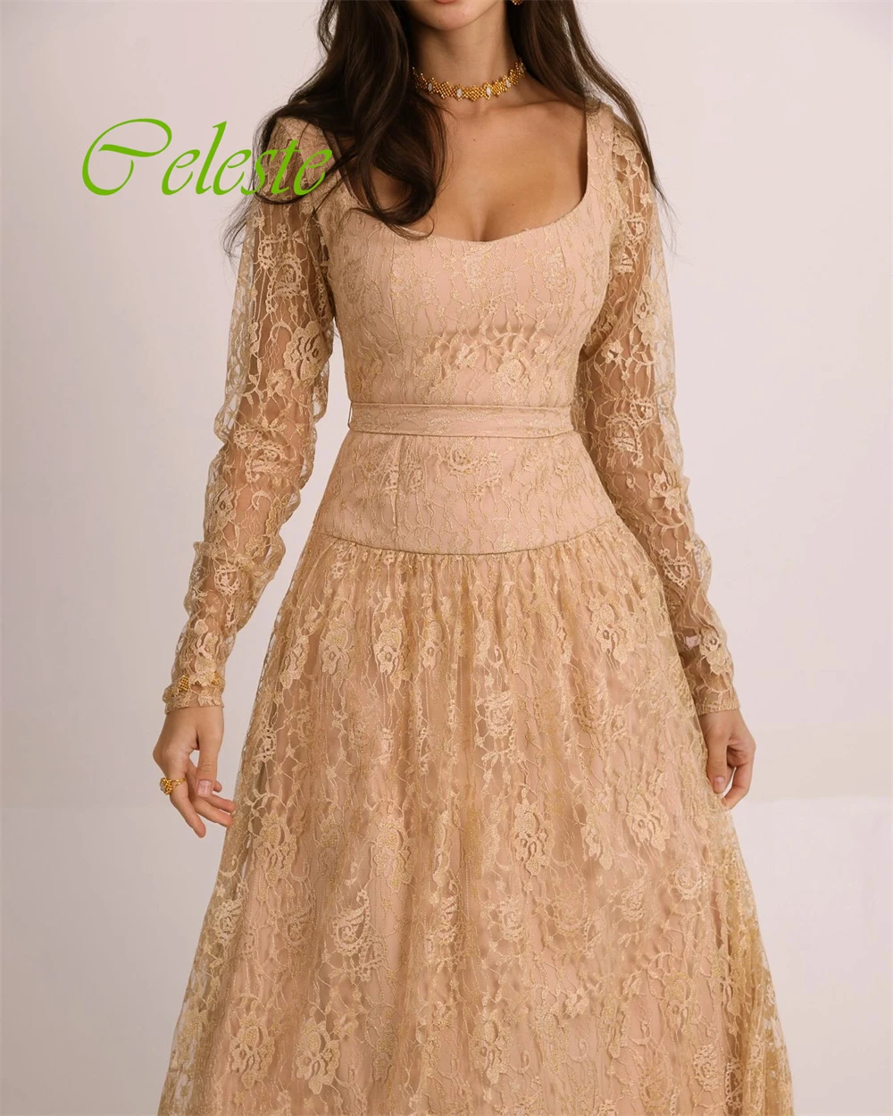 تخصيص طول الكاحل ألف خط مغرفة مساء اللباس الدانتيل أزياء الزنانير فستان العودة للوطن الكلاسيكية والحديثة فساتين المشاهير