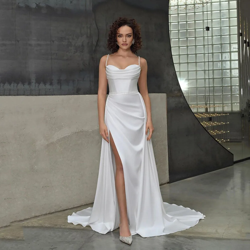 Msikoods Sexy 2024 A Line Wedding Gown spaghetti strap Unique Satin Wedding Reception Dress Pleats Women Bridal Dress