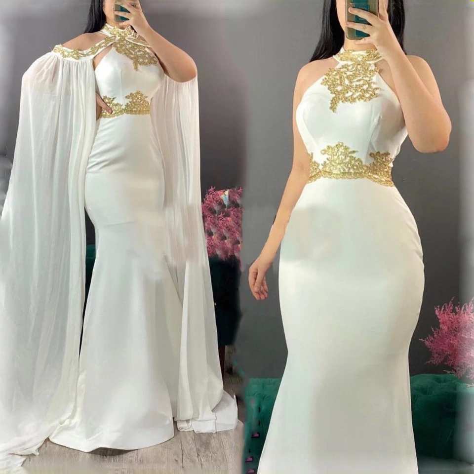 Elegant White Mermaid Evening Dresses Gold Lace Appliques Saudi Arabia Prom Gowns With Detachable Cape Party Dress Robe De