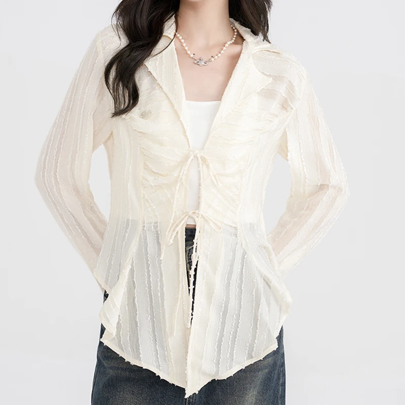 

Женские рубашки на шнуровке, Корейская Милая шифоновая Женская Повседневная Блузка в стиле Харадзюку, Модные Новые облегающие шикарные Дамские топы с длинным рукавом