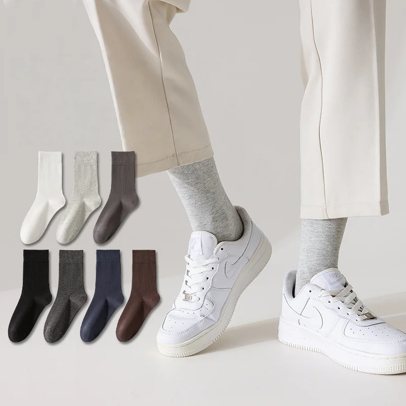 1/3/5 Pairs Men's Solid Color Crew Socks Seamless Toe Business Casual Cotton Socks Breathable Versatile All Season Daily Wear